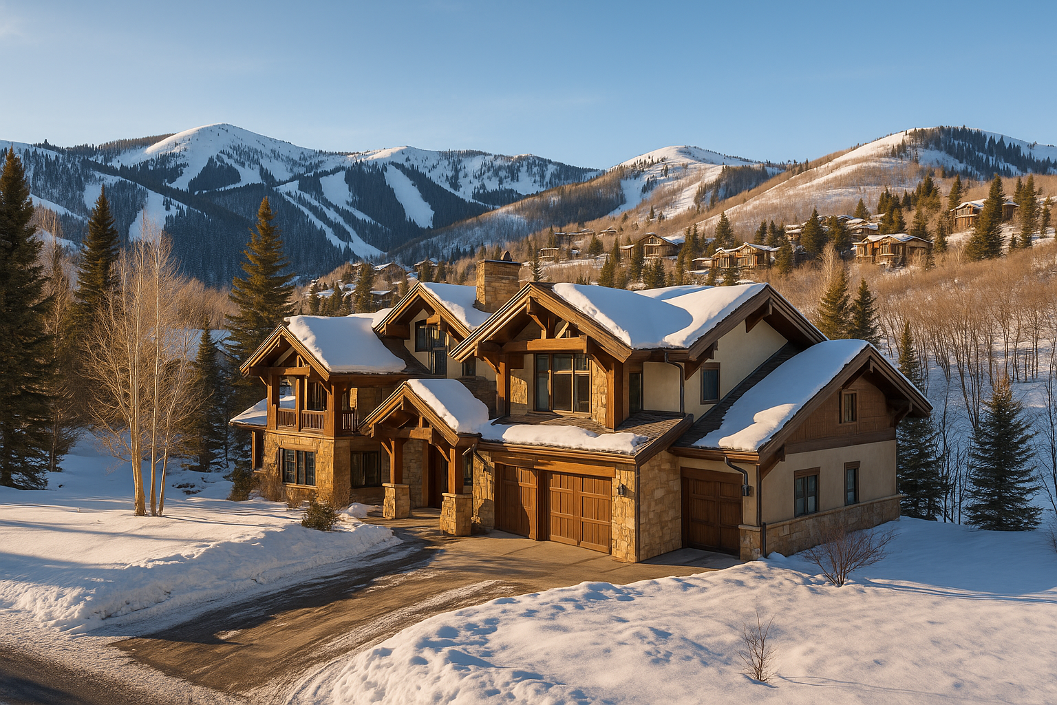 A luxury mountain home in Deer Valley, Utah, framed by snowy peaks and evergreen trees. The timber and stone architecture glows in the late afternoon sun, capturing the upscale alpine lifestyle that defines this Park City community.