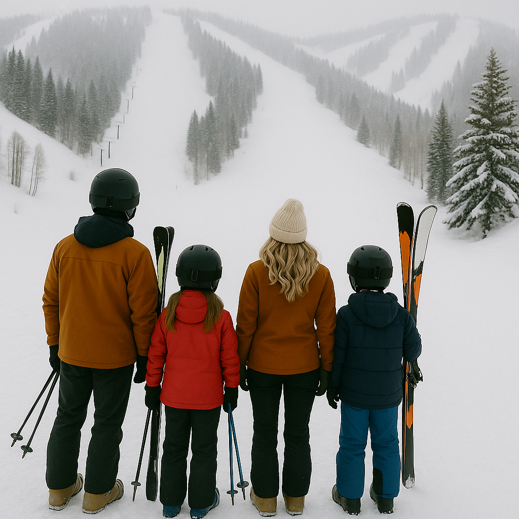Family standing in front of ski hill, Deer Valley Utah